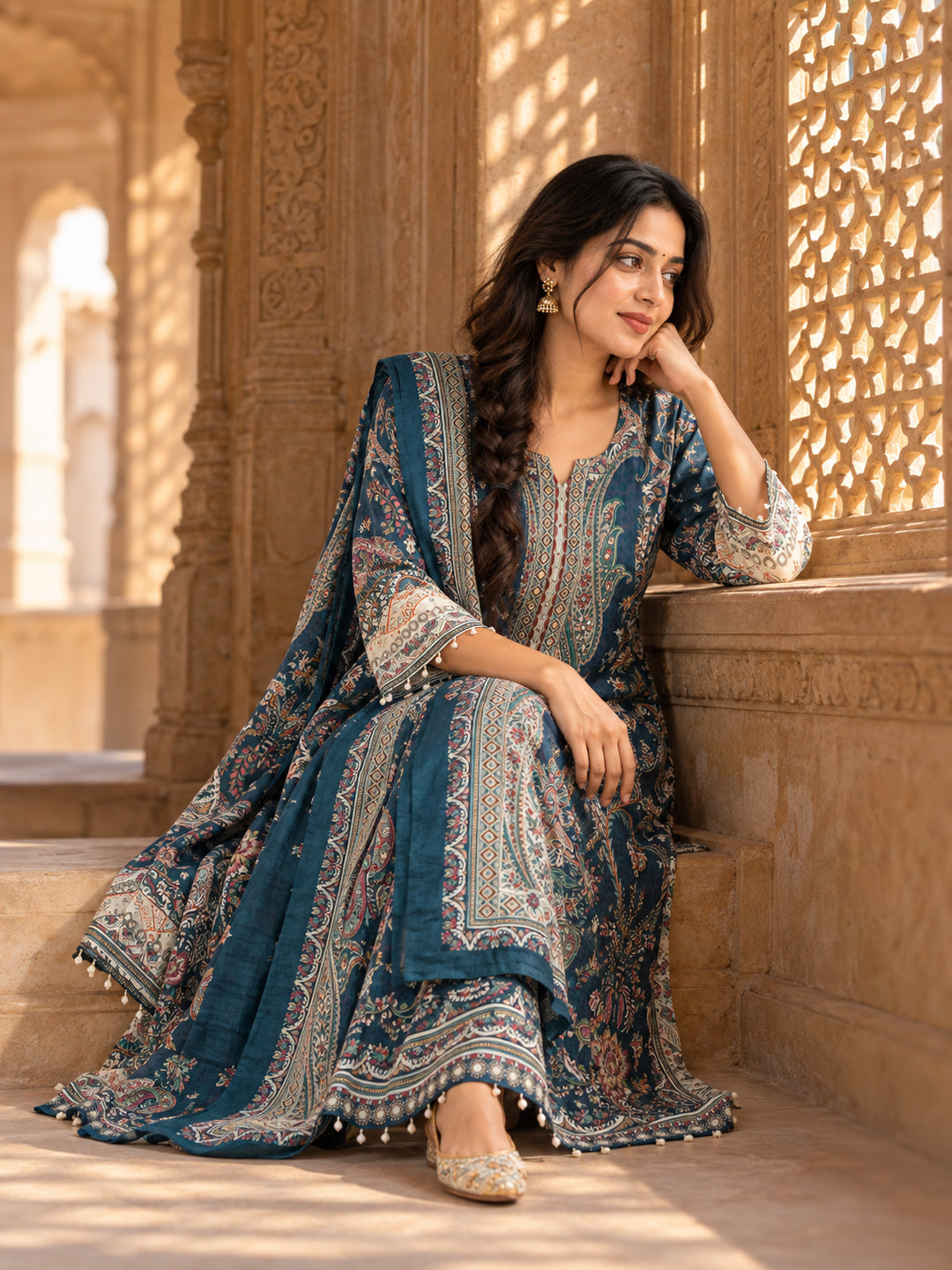 Midnight Blue Floral Printed Straight Kurta